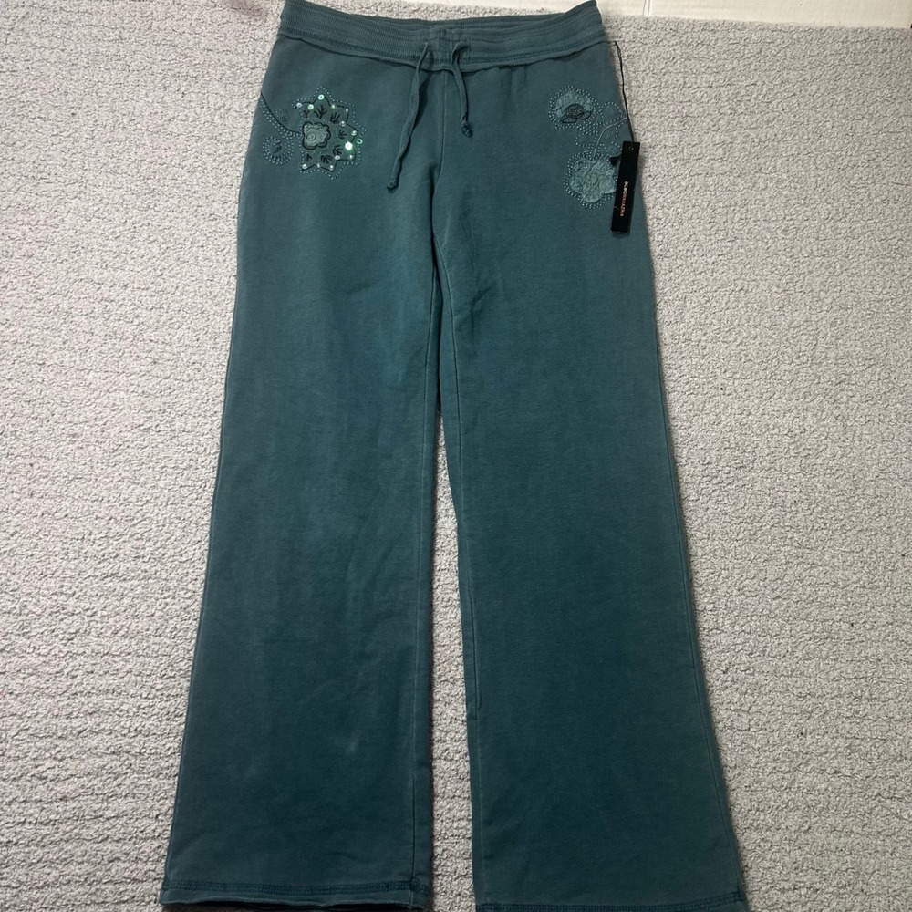 BCBGMAXAZRIA Sweatpants Wide Leg 10 Teal Y2K Boho Floral Beaded Sequin Joggers